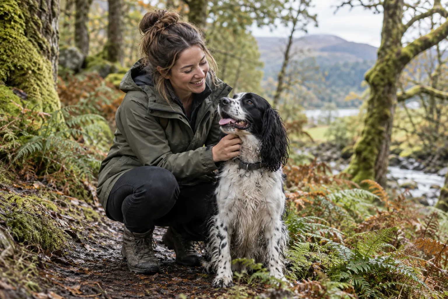 Dog walker spending time with a spaniel outdoors